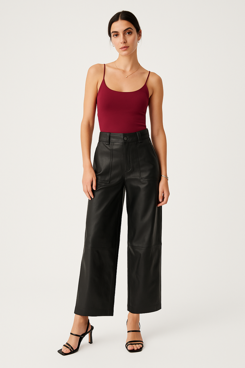 high-waisted black faux leather culottes with structured seam