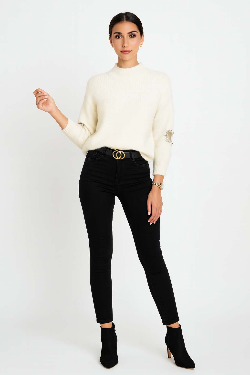 High Neck, Diamanté Studded Love Heart Sleeve Detailed, Lana Wool, Viscose & Cotton Knitted Jumper