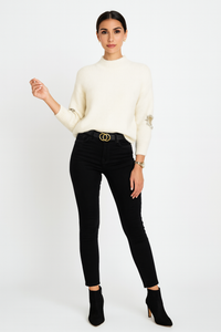 High Neck, Diamanté Studded Love Heart Sleeve Detailed, Lana Wool, Viscose & Cotton Knitted Jumper