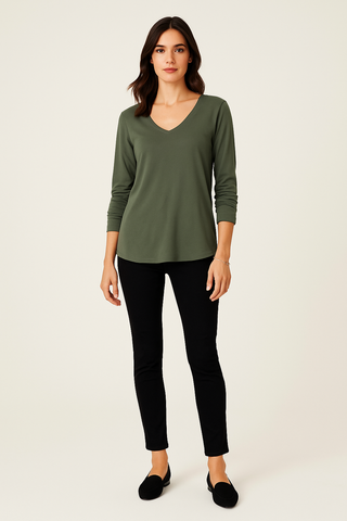 Olive Green Top – V-Neck with Long Sleeves