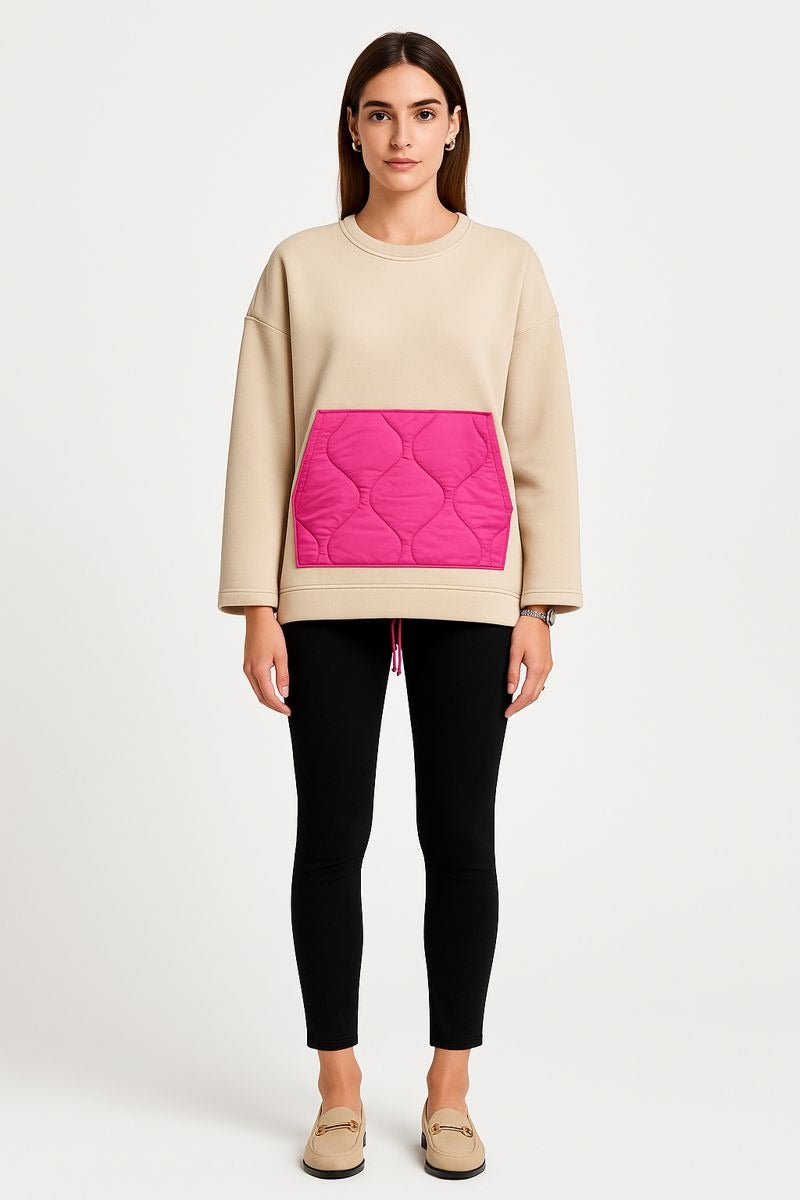 Round Neck, Quilted Pocket & Drawstring Hem Detailed, Fleece Lined Oversized High Low Top
