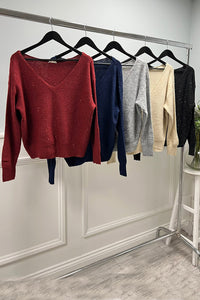 V Neck Long Sleeves Shimmer jumper with ribbed cuffs