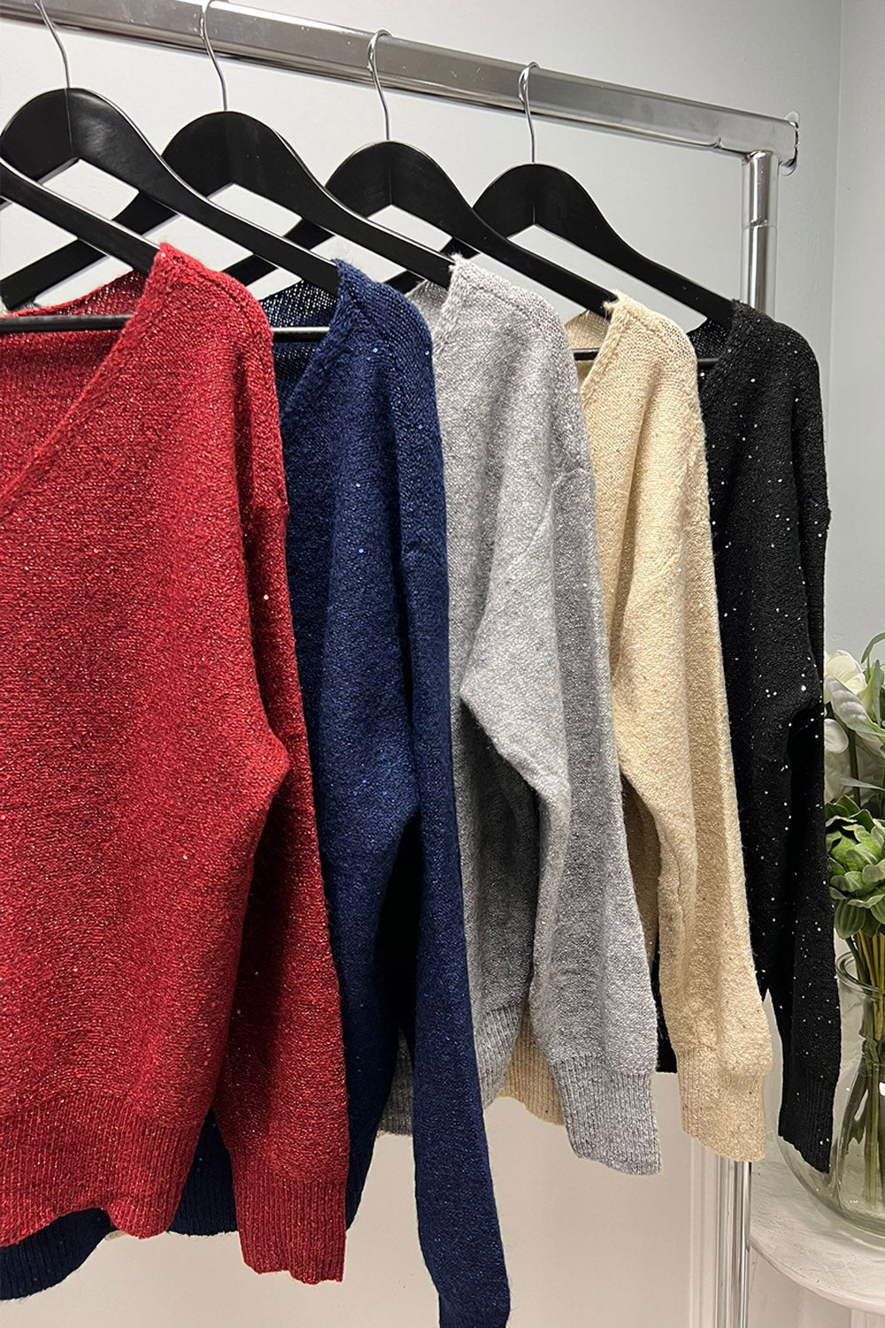 V Neck Long Sleeves Shimmer jumper with ribbed cuffs