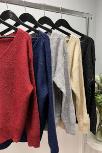 V Neck Long Sleeves Shimmer jumper with ribbed cuffs