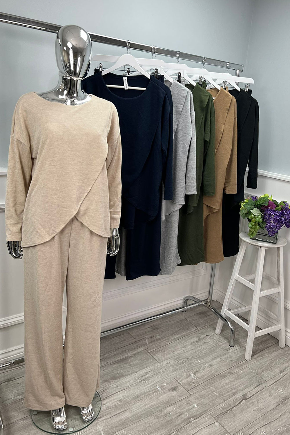 Round Neck, Wrap Over, Elasticated Waist, Two Pocket Wide Leg Two Piece Set