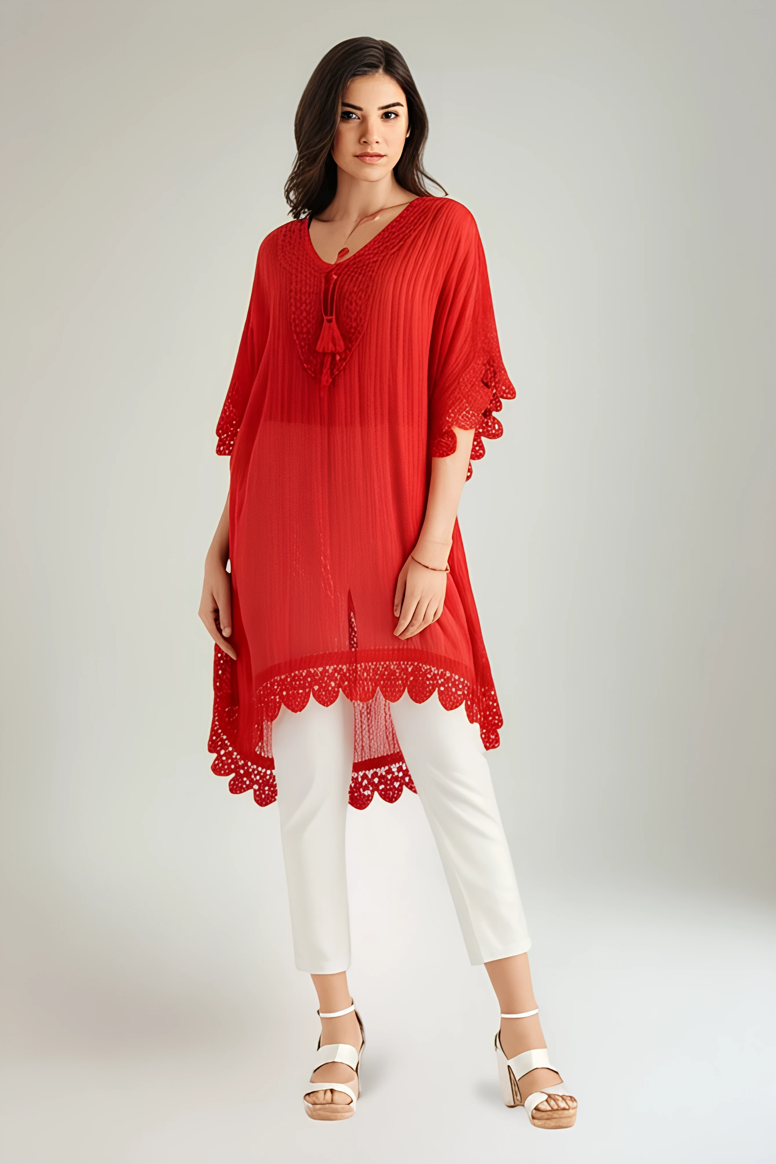 V-Neck, Tassel & Floral Embroidery Detailed, Oversized Kaftan