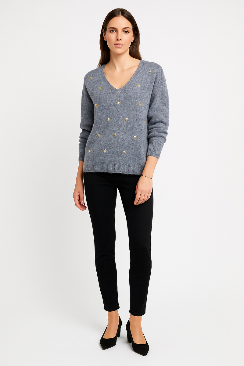 V-neck , Relaxed fit jumper with embellished with small, gold-toned sequins