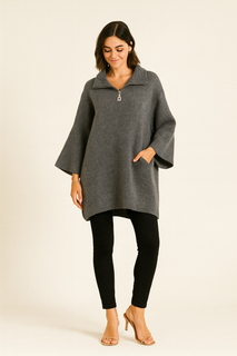 oversized , soft woollen textured , wide sleeves jumper with half-zip collar