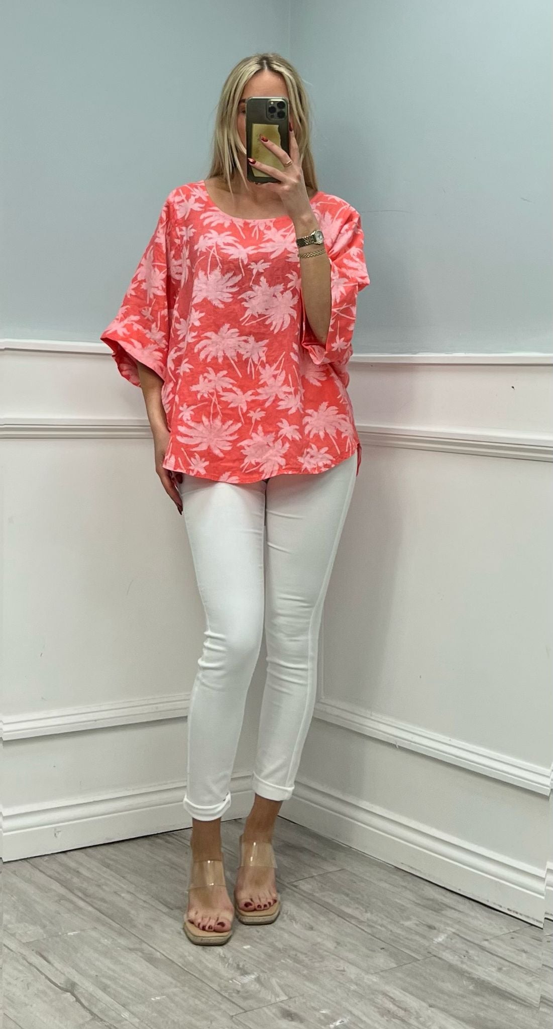 Palm Tree 🌴 Print Detailed, 100% Linen Top