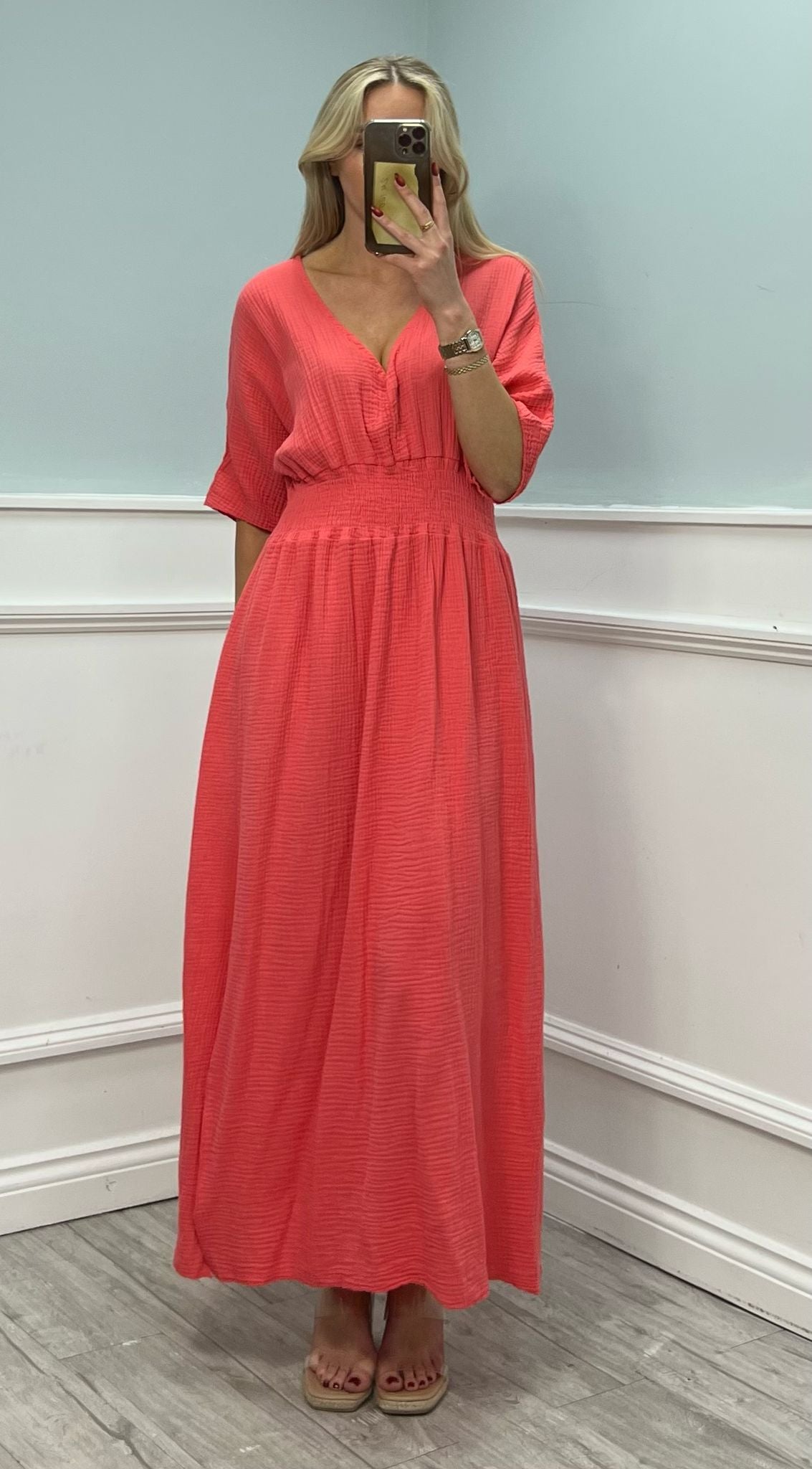 V-Neck, Elasticated Waist, Split Hem, Cheesecloth Dress