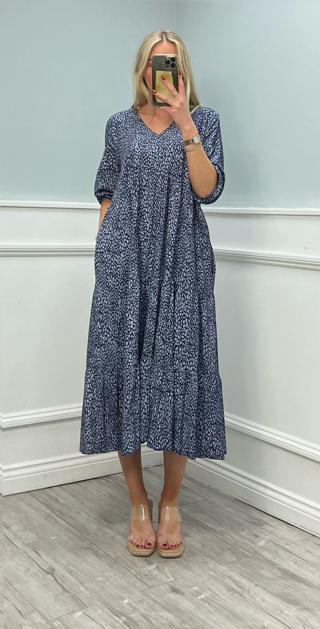 V-Neck, Elasticated Cuff, Two Pocket Printed Dress