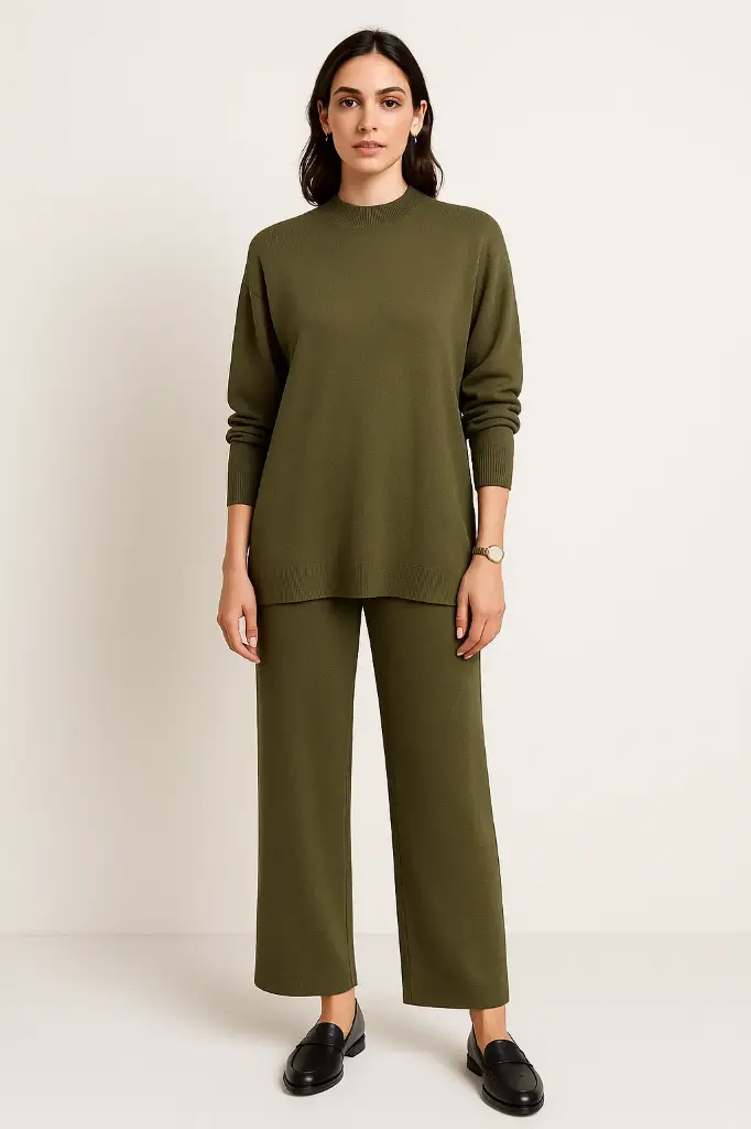 High Neck, Side Split Hem, Elasticated Waist, Viscose & Polymide Knitted, Wide Leg Two Piece Set 