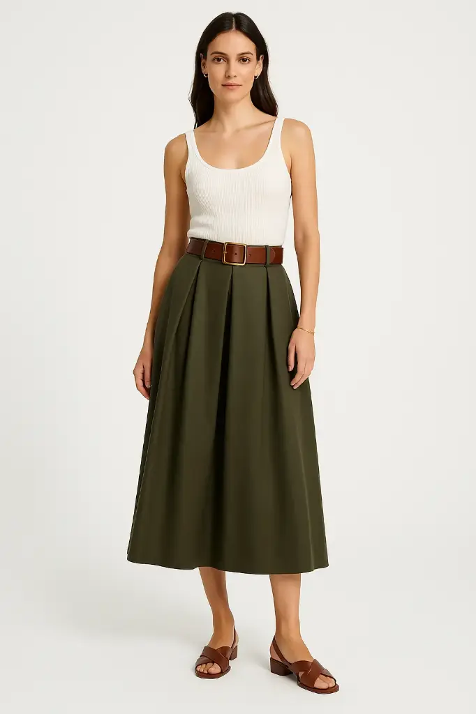 [301572] Elasticated Waist, Two Pocket PU Skirt with Belt (Black)