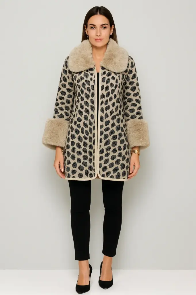 [40476] Leopard Faux-Fur Trim Coat