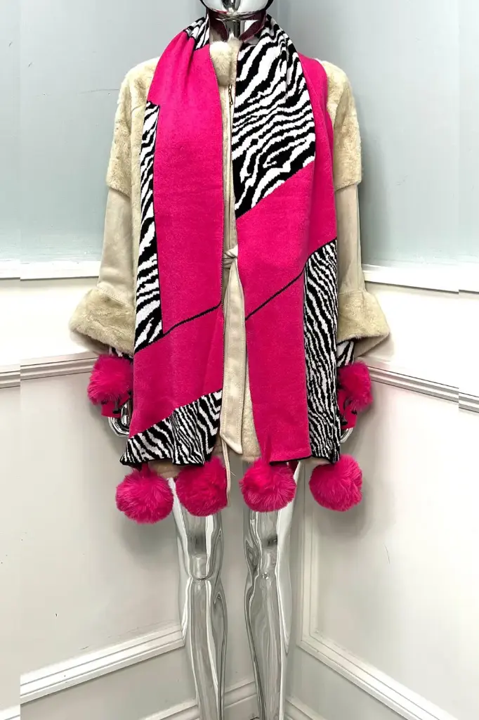 Scarf -Bold Zebra Patchwork, Pom-Pom 