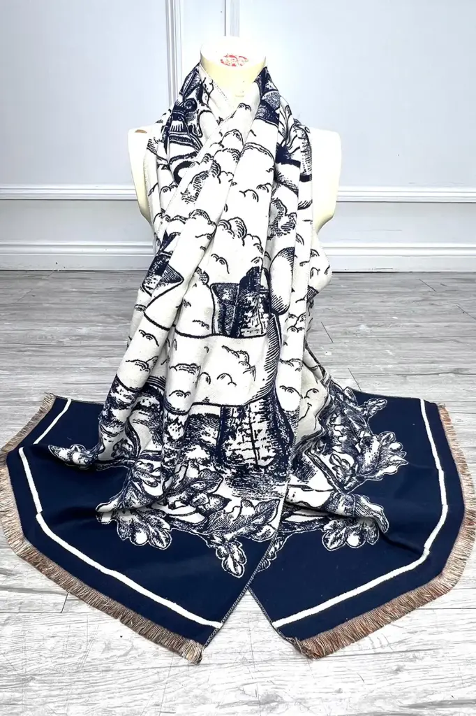 [032240] Classic Toile Print Fringe Scarf (Black)