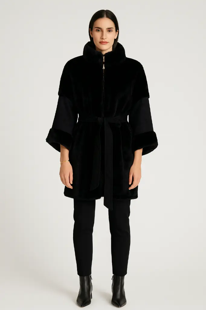 [41074] Plush Faux-Fur Belted Coat (Coffee)