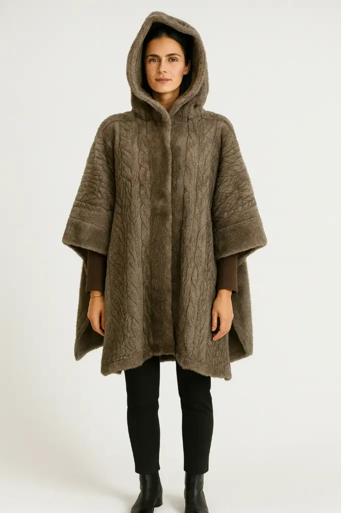 [41092] Cable-Texture Faux-Fur Hooded Cape (Black)