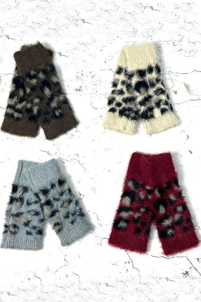 Fuzzy Leopard Knit Wrist Warmers