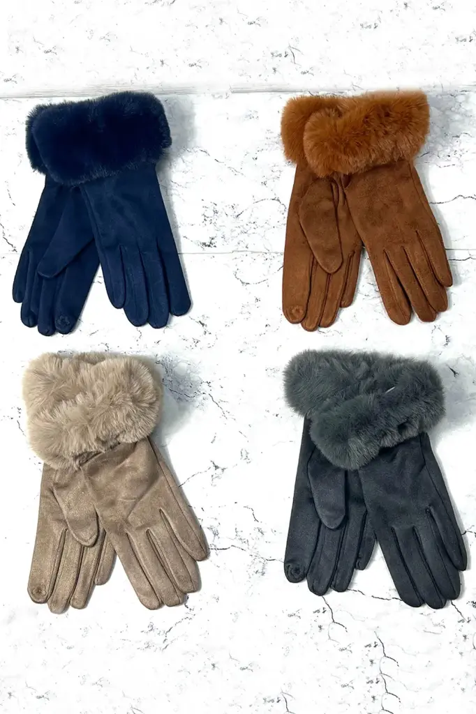 Faux-Fur Cuff Suede Winter Gloves