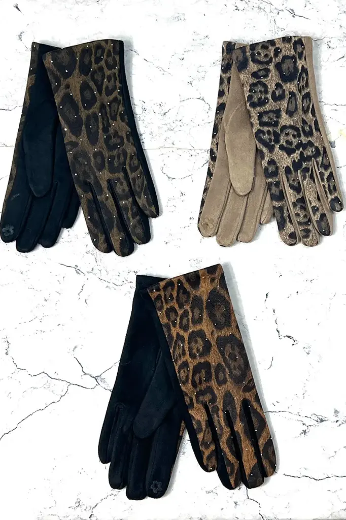 [1823] Leopard Print Suede Winter Gloves (Camel)