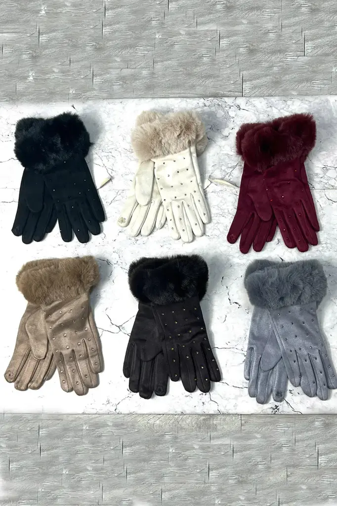 [1471] Faux-Fur Cuff Studded Winter Gloves (Coffee)