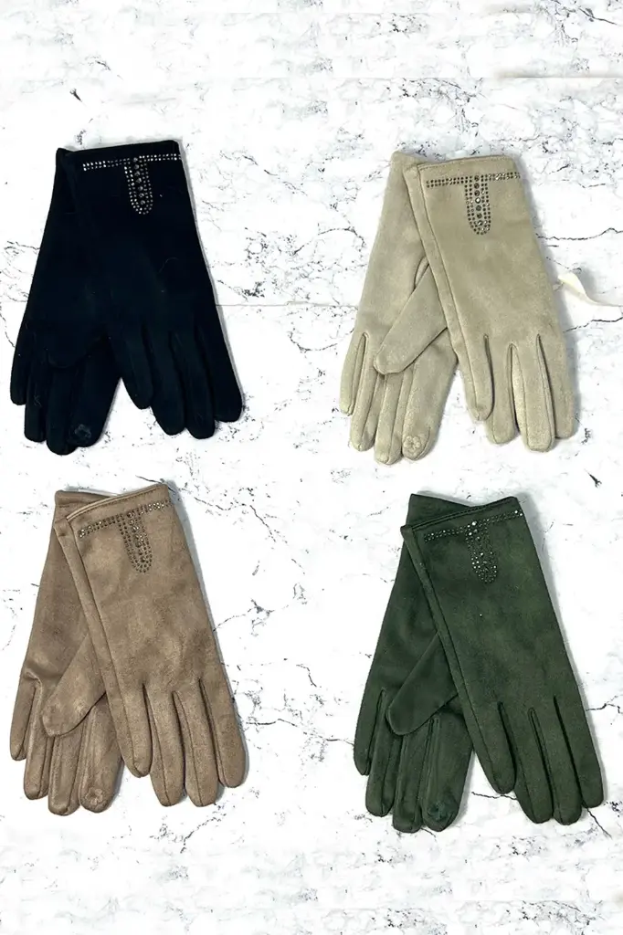 Taupe suede gloves with crystal stud detailing 