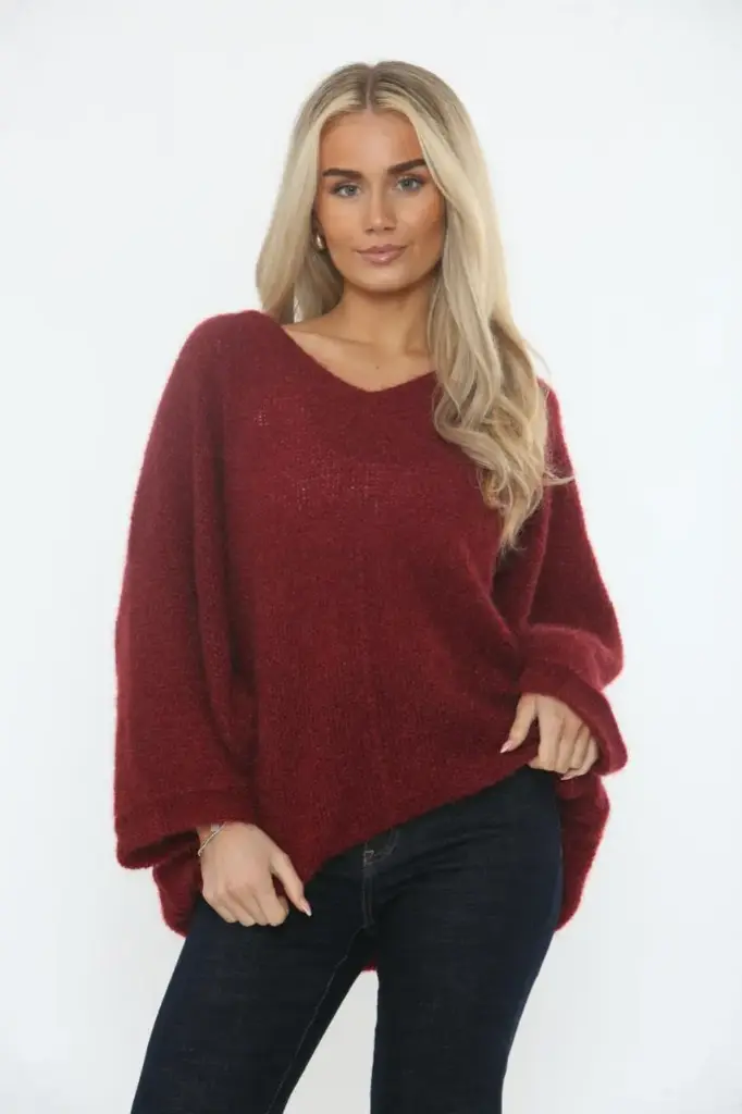 V-Neck, Acrylic & Nylon Knitted, Oversized Batwing Jumper