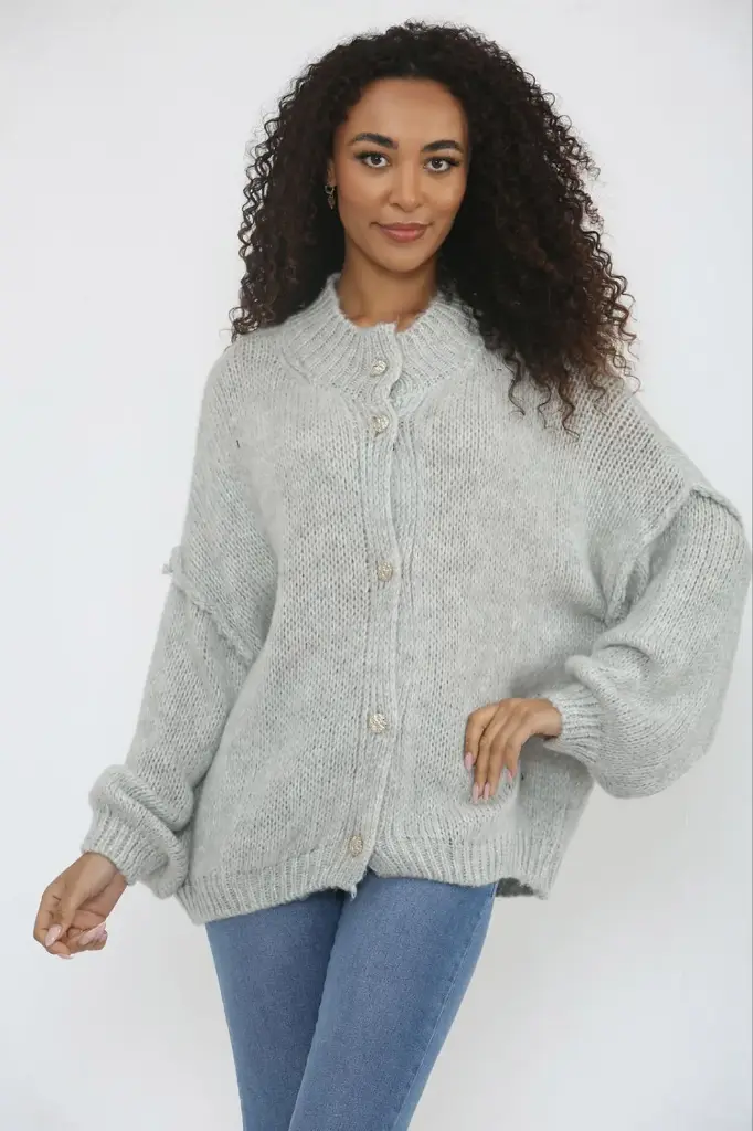 High Neck, Golden Button Through, Acrylic & Polymide Knitted Cardigan