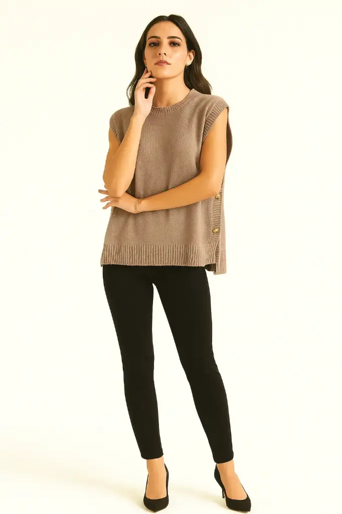 [934] Round Neck, Side Button Detailed, Viscose Knitted Waistcoat. (Black)