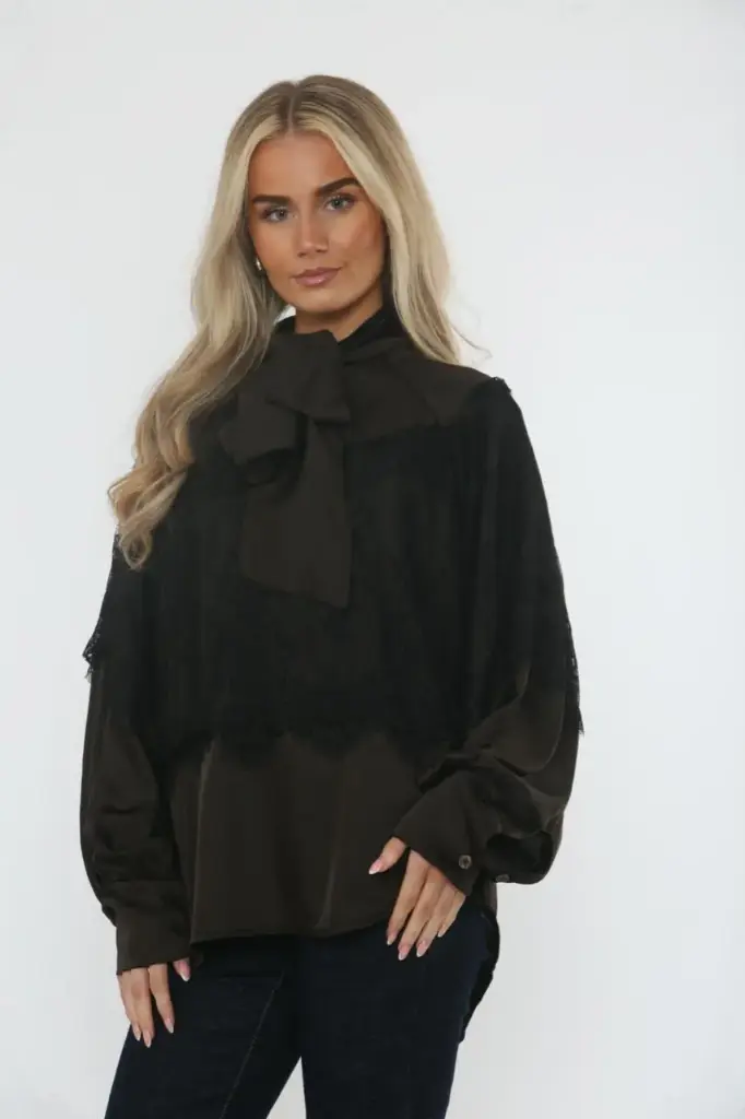 High Neck, Lace & Bow Detailed, Satin Top.