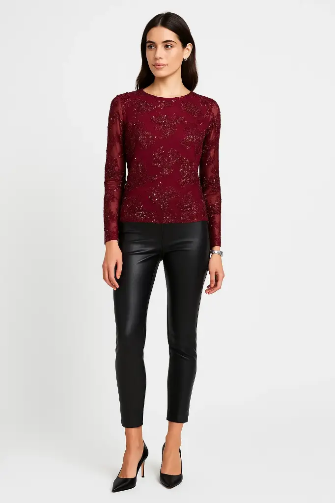 Round Neck, Sequin Embroidery Detailed, Mesh Top