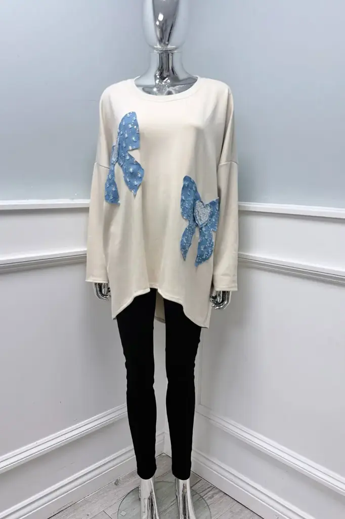 Round Neck, Sequin & Denim Bow Detailed, Oversized High Low Scuba Top.