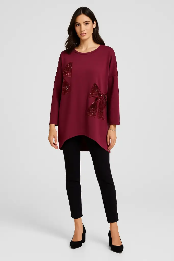 Round Neck, Sequin & Velour Bow Detailed, Oversized Scuba Top - 07442