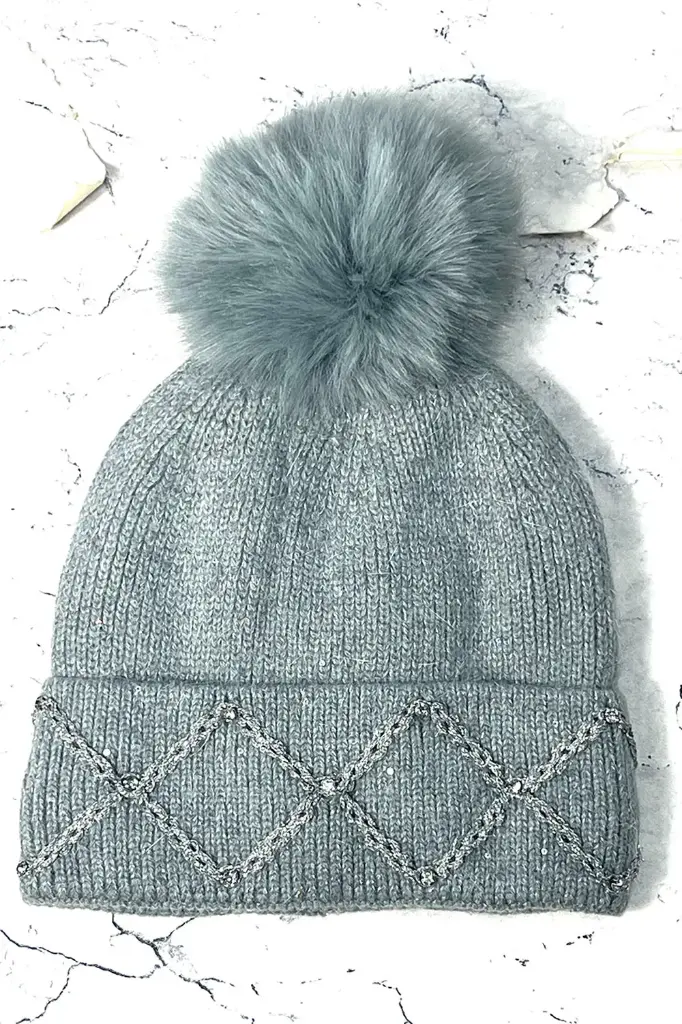 Sparkle-Trim Pom-Pom Knit Beanie 50237