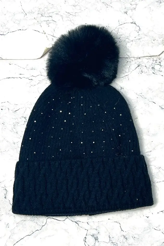 Cable Knit, Diamanté Studded and Pom Pom Detailed Hat - 50040