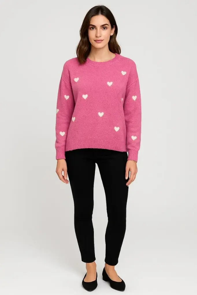 Cozy knitted , Long sleeve , Relaxed fit Jumper with all-over heart pattern - 33973