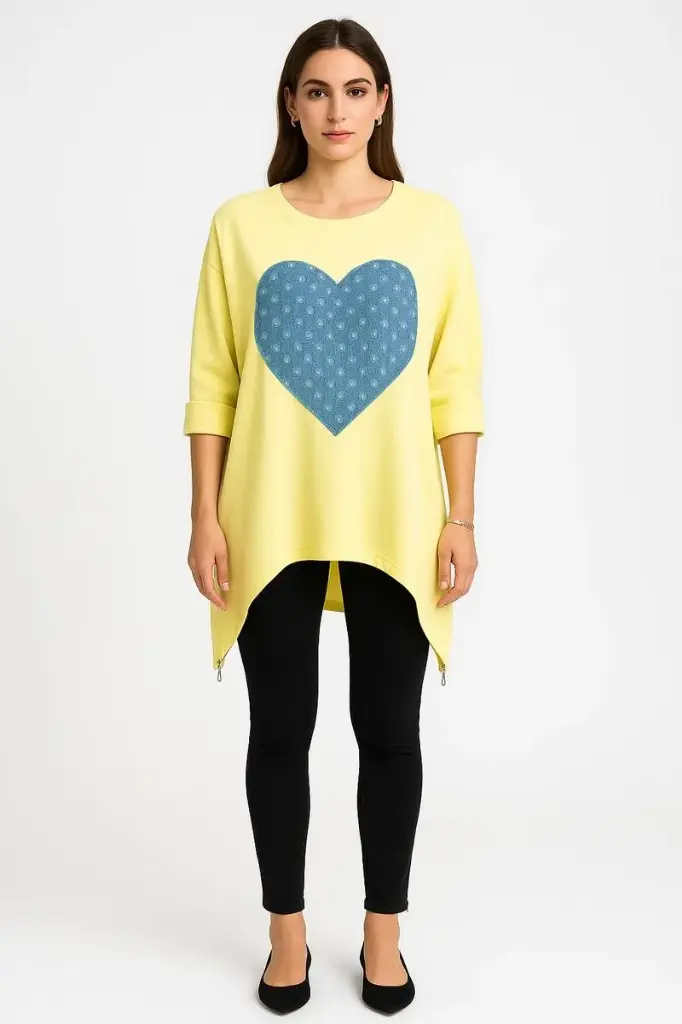 Round Neck, Sequin Denim Love Heart ❤️ & Side Zip Hem Detailed, 100% Viscose, Two Pocket Oversized Top. - 07737