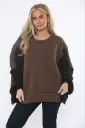 Round Neck, Split Hem, Knitted Sleeve Detailed, Cotton & Acrylic Top - 70502