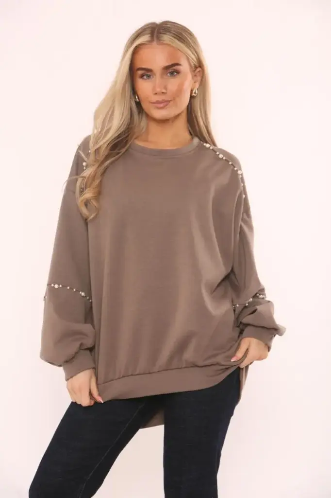 Round Neck, Pearl Detailed, Fleece Lined, High Low Top - M60172 (Black)