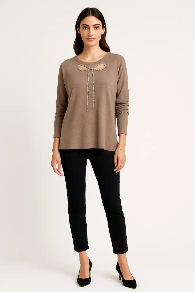 Round Neck, Diamanté Studded Bow Detailed, Viscose & Polymide Knitted Jumper -MC3303