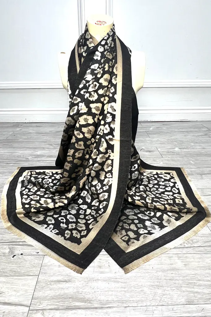 Metallic Leopard Border Scarf (Camel)