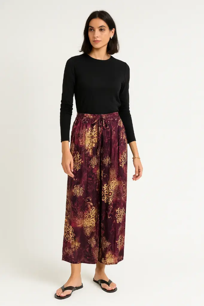 Elasticated Waist, Drawstring Detailed, Two Pocket, Wide Leg Satin Trouser