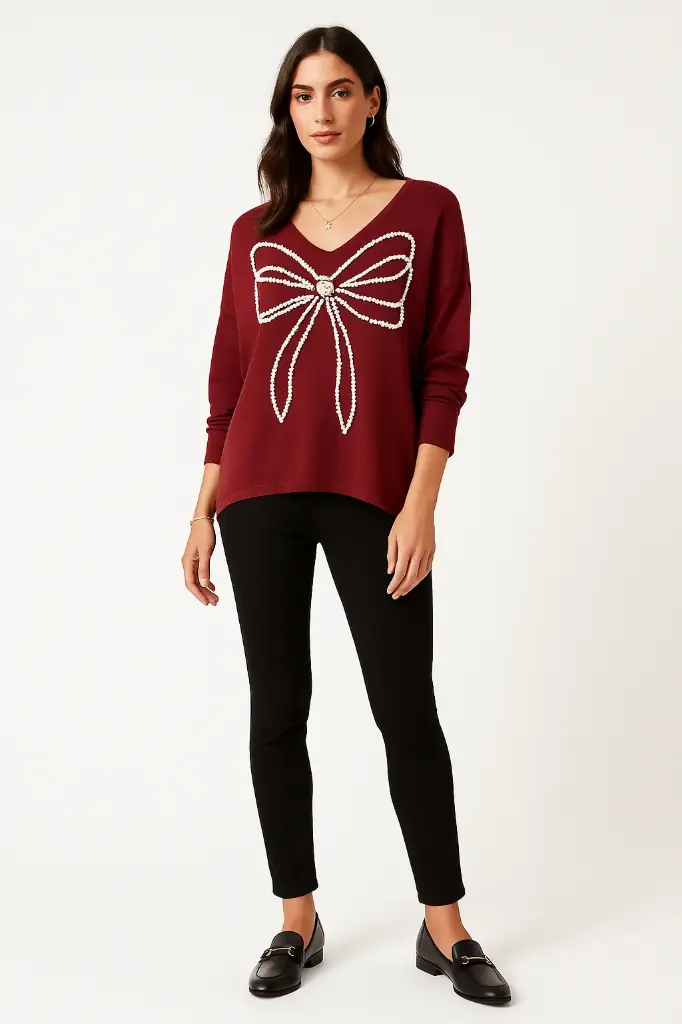Pearl-Bow Soft Knit Jumper -MC3267