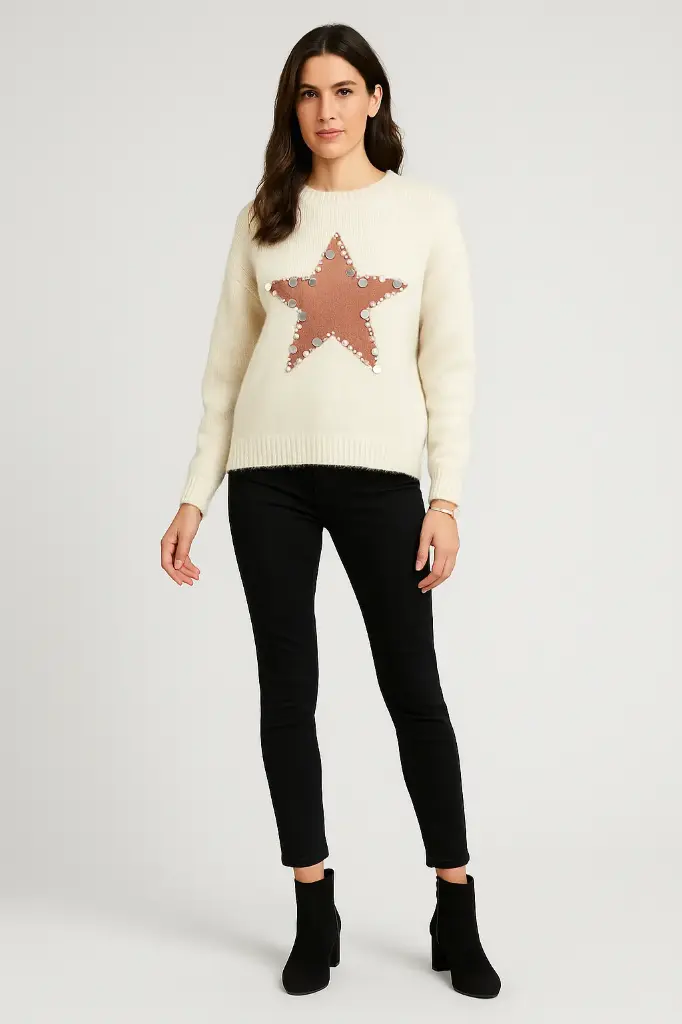Round Neck, Pearl & Sequin Star ⭐ Detailed, Lana Wool & Polymide Knitted Jumper - MC3129