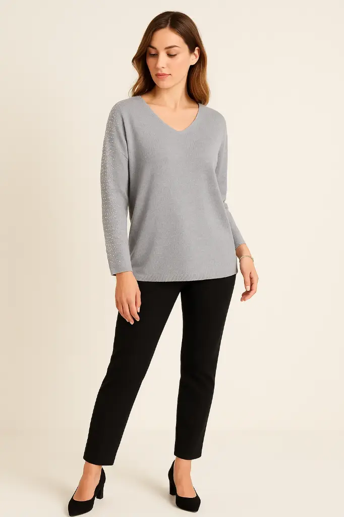 V Neck Long Sleeves Jumper with subtle embellishments on Shoulder - G1373