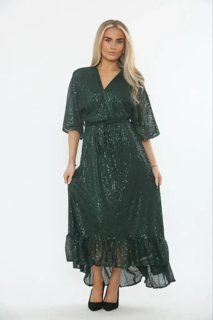 Sequin Drape V-Neck Maxi Dress 